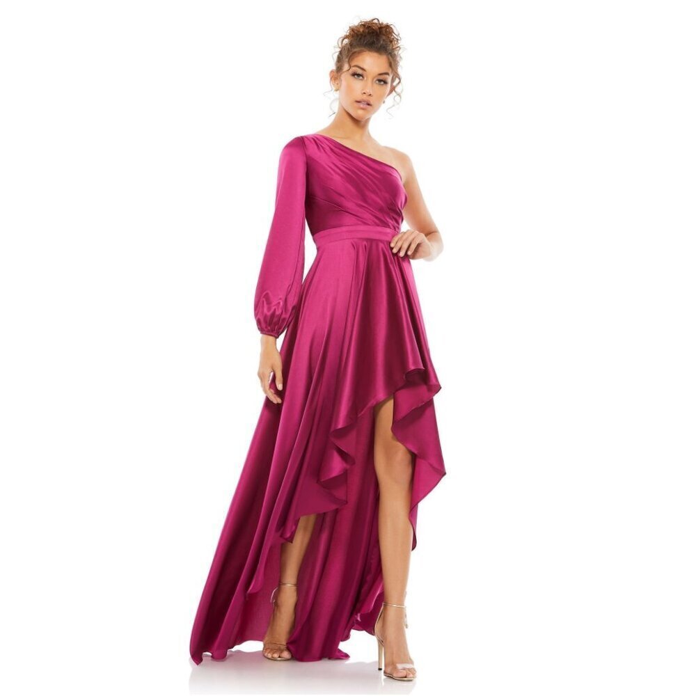 NWT Mac Duggal High Low One Shoulder Flowy Gown Berry 6 #8477